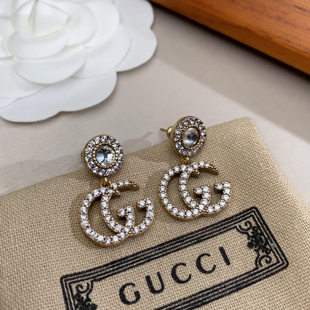 18K Double Gucci Crystal Pendant Earrings