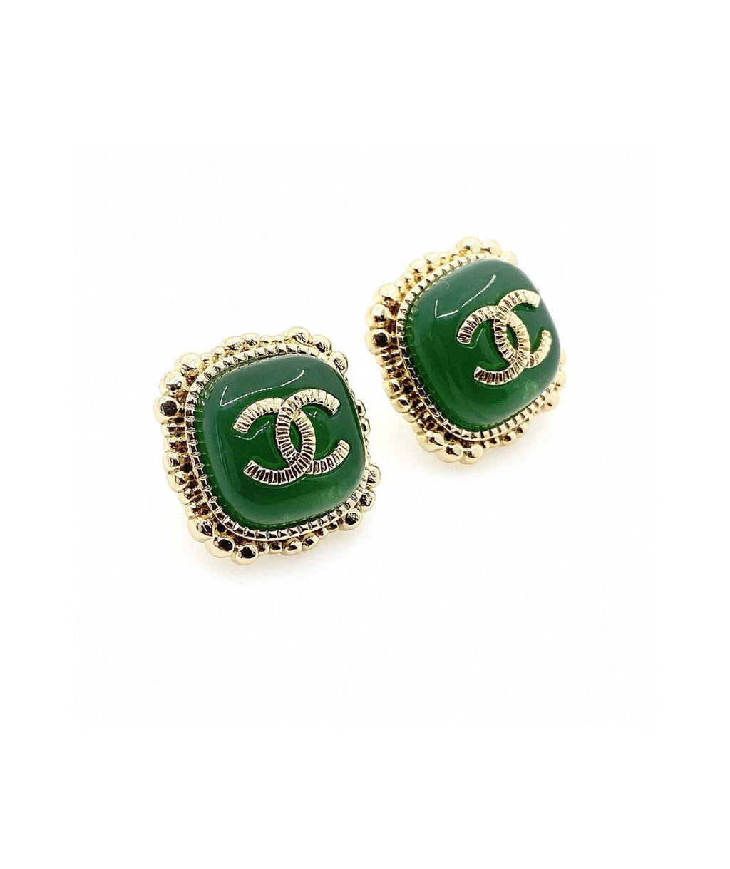18K  Chanel Green Square Earrings