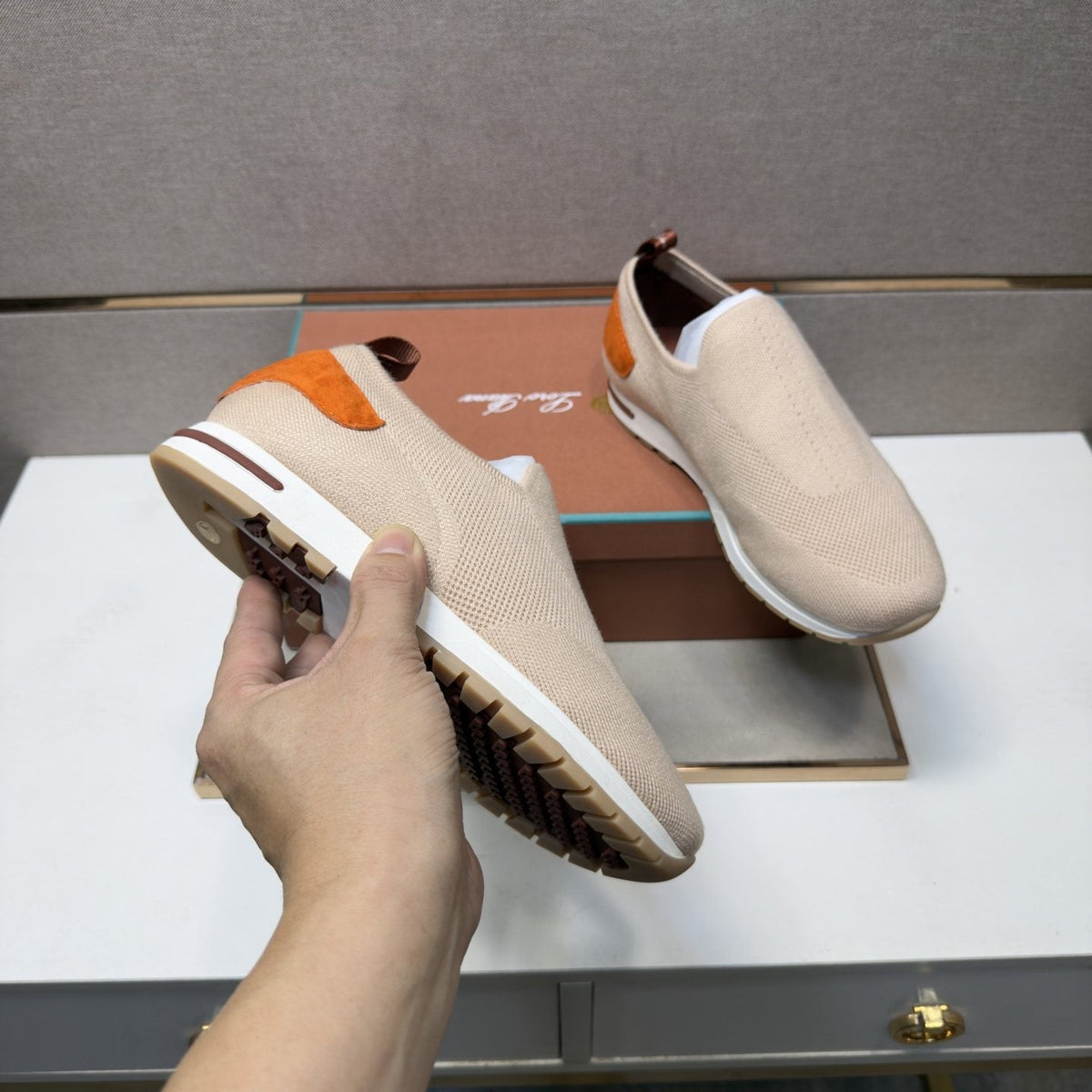 Loro Piana Beige Textured Slip-On Shoes — model