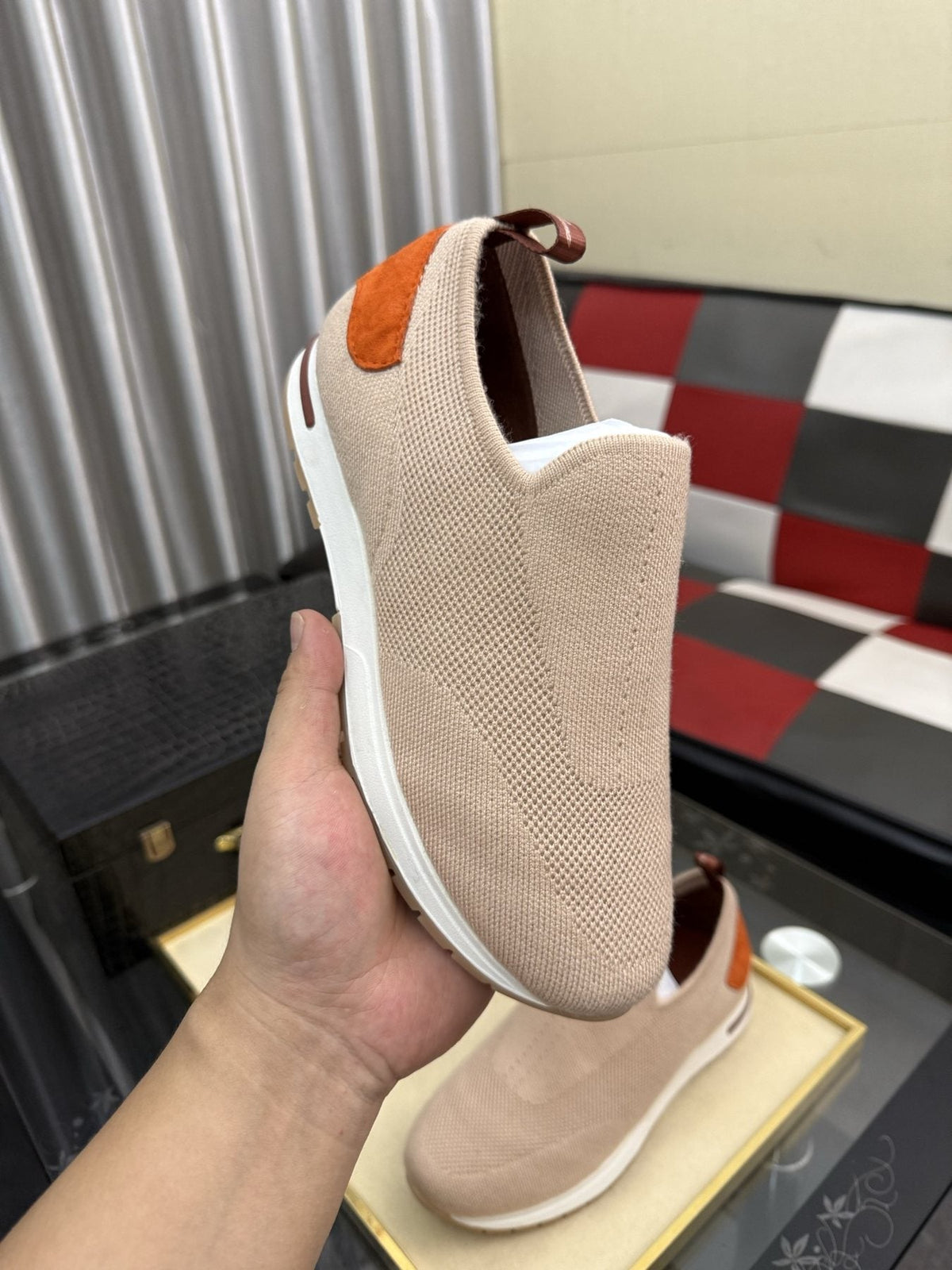 Men's Beige Slip-On Sneakers with Orange-Brown Heel Accent — model