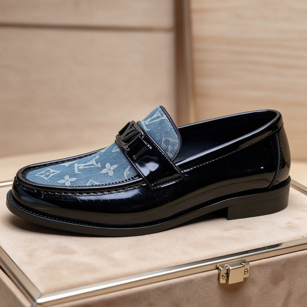 Louis Vuitton Black Loafers with Blue Patterned Vamps — side