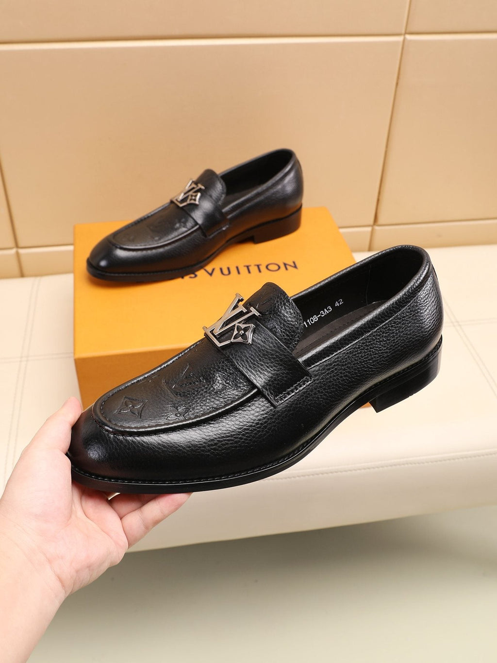 Louis Vuitton Black Embossed Loafers — model
