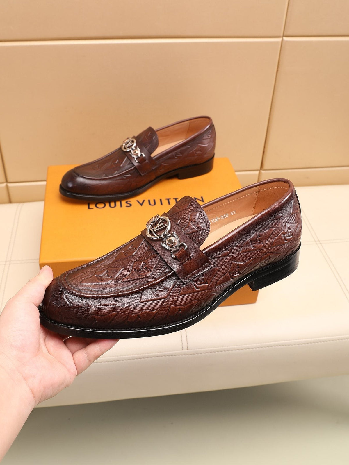 Louis Vuitton Dark Brown Embossed Loafers — model