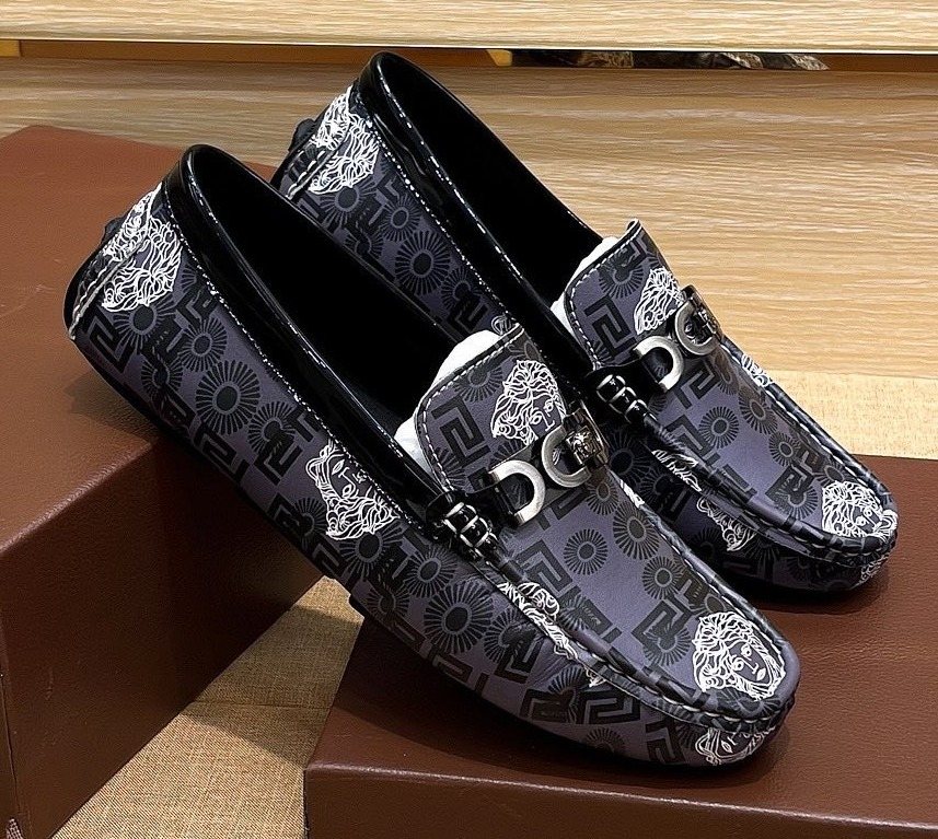 Versace Black and Gray Patterned Loafers — hero