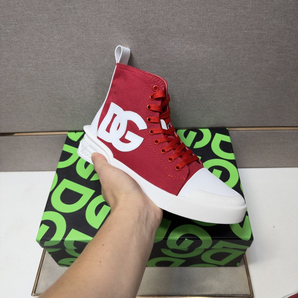 Dolce & Gabbana Red and White High-Top Sneakers — model
