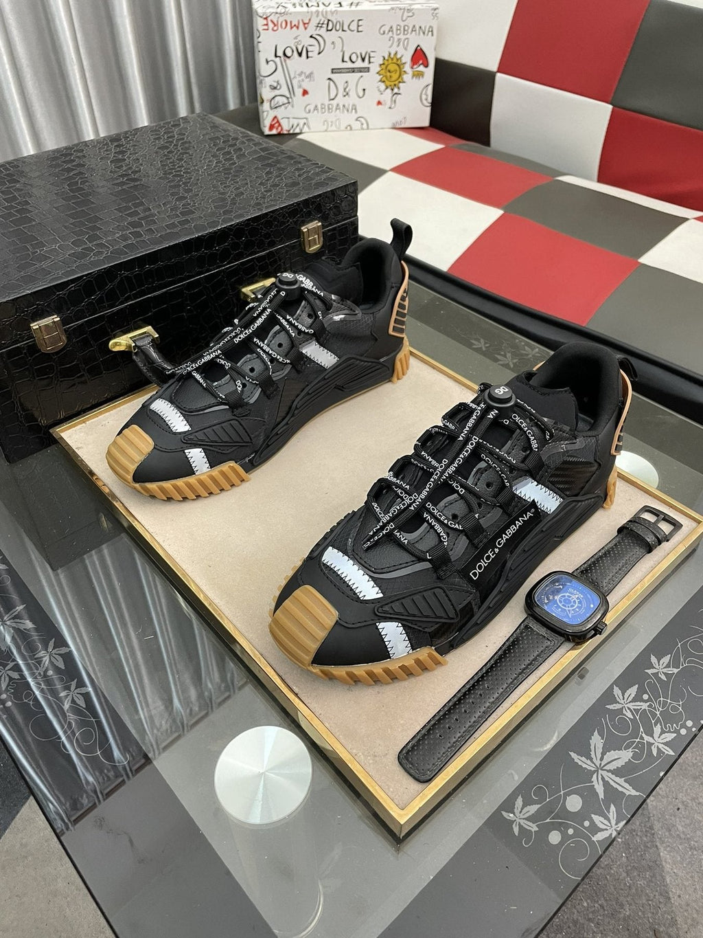 Dolce & Gabbana Black and Gray Lace-Up Sneakers — front
