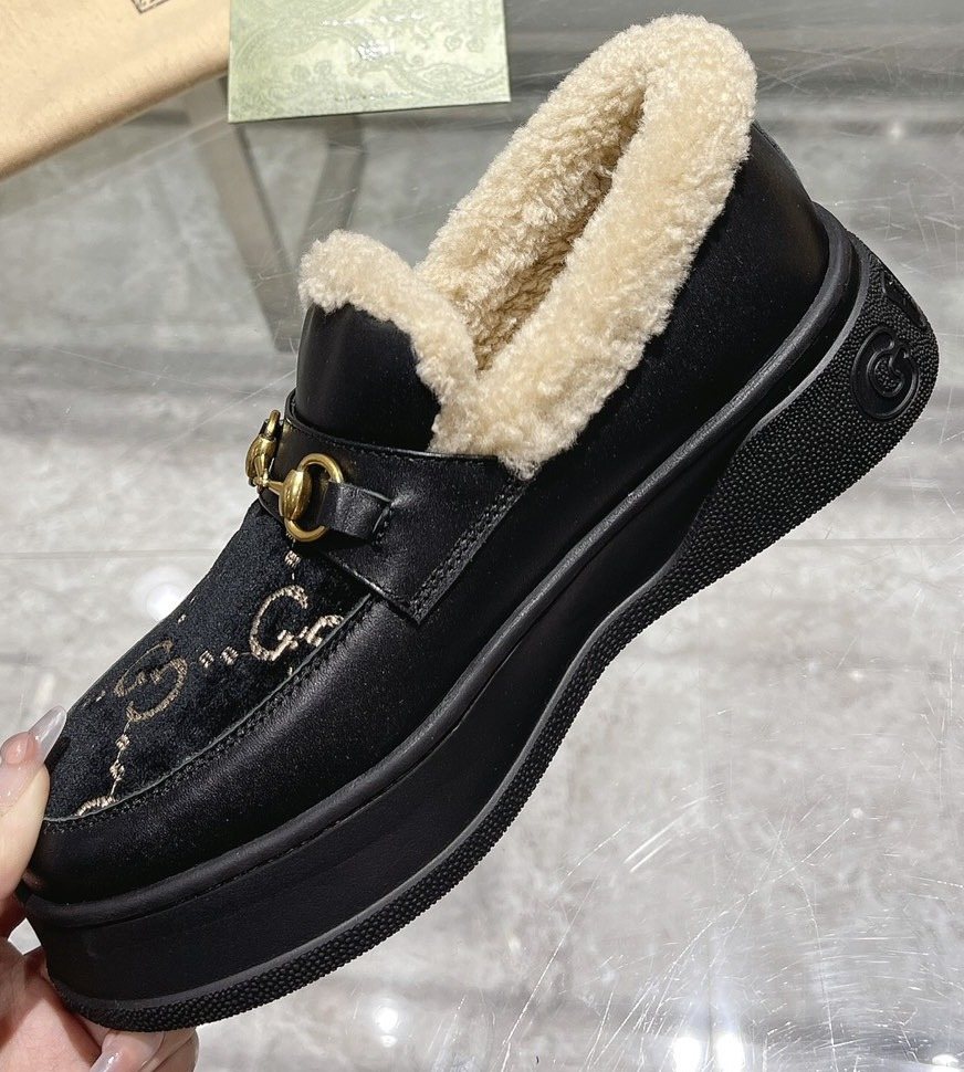 Gucci Patterned Plush-Lined Slip-On Shoes — front