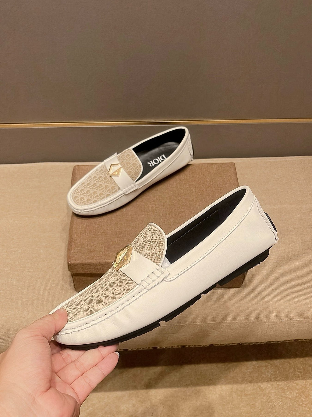 Dior Men's Ivory and Beige Patterned Loafers — side
