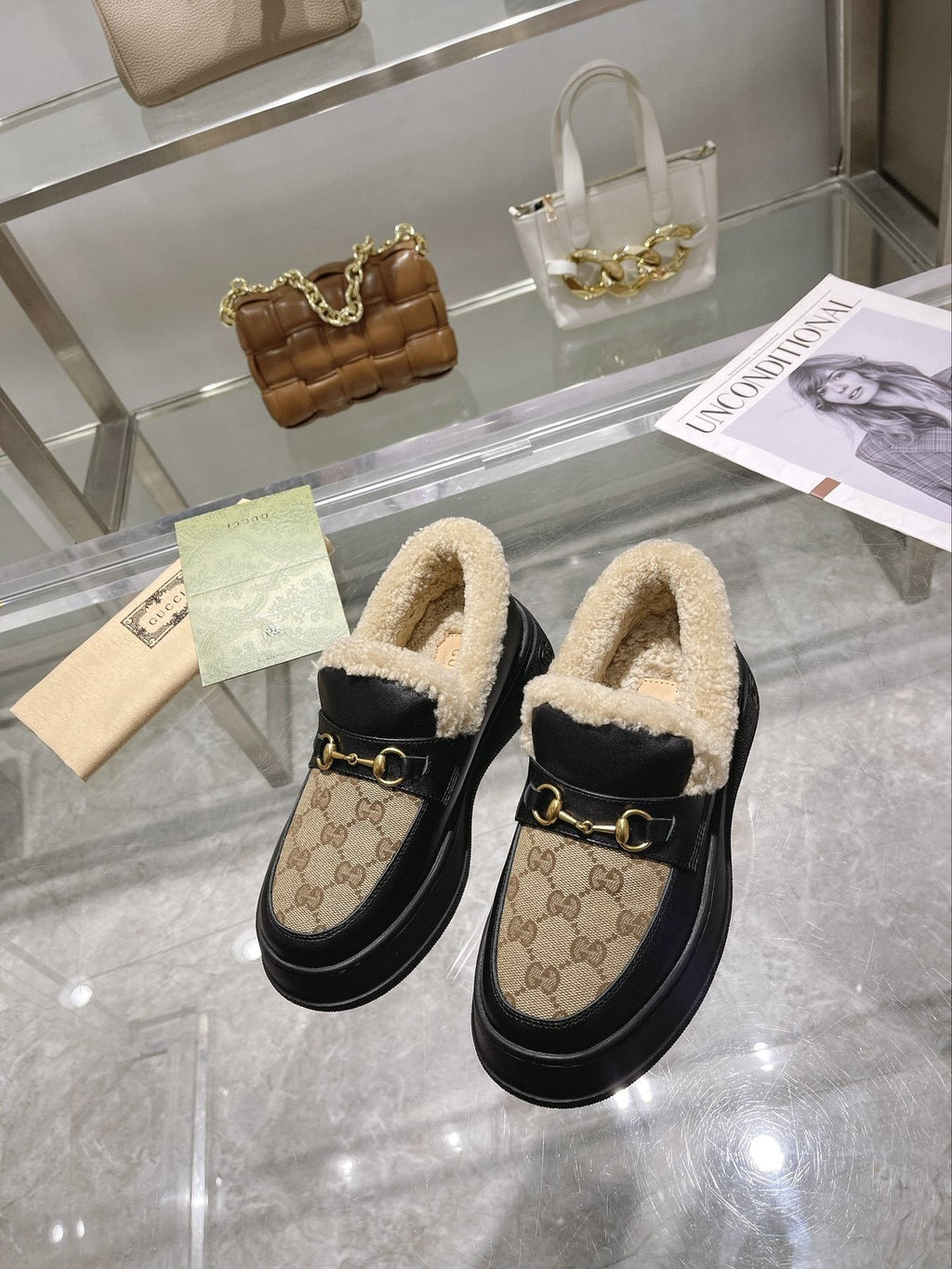 Gucci Patterned Plush-Trim Slip-On Snow Boots — front