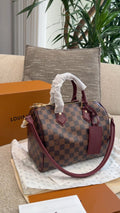 Louis Vuitton Brown Checker Satchel with Burgundy Trim — hero