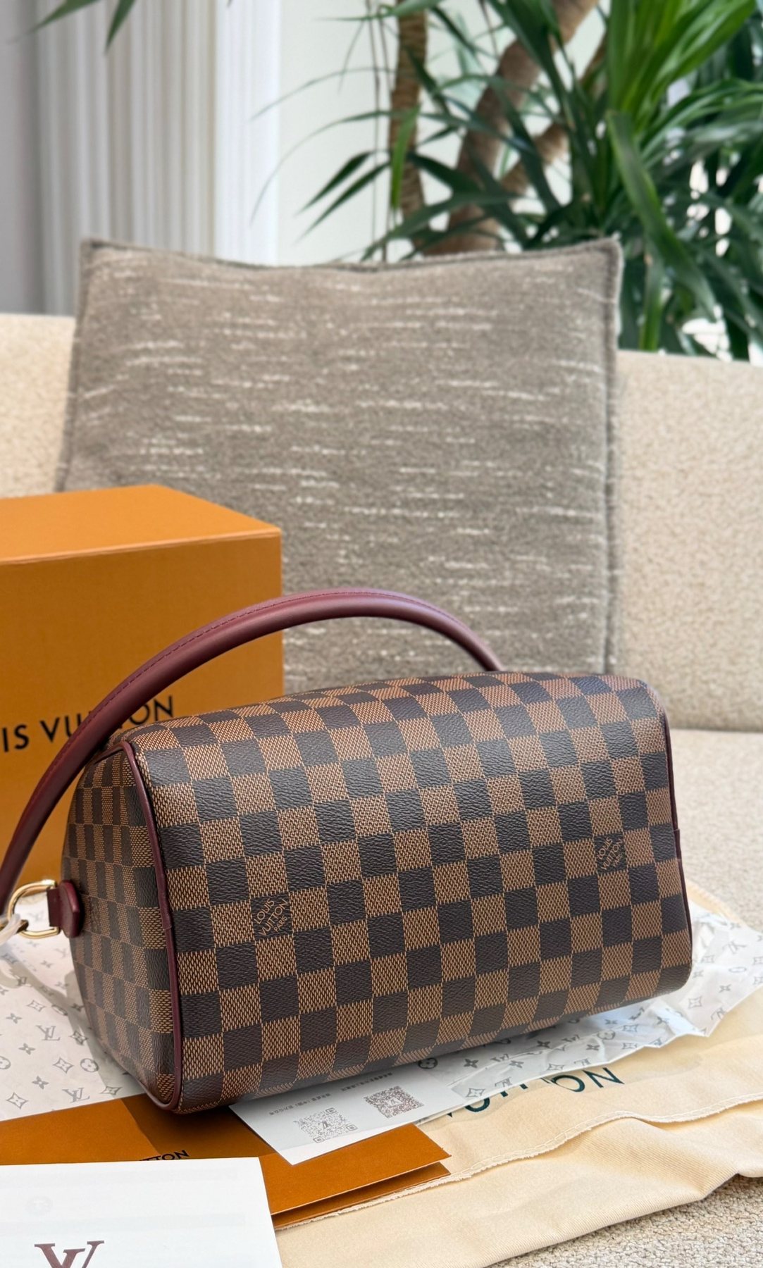 Louis Vuitton Brown Checker Satchel with Burgundy Trim — detail