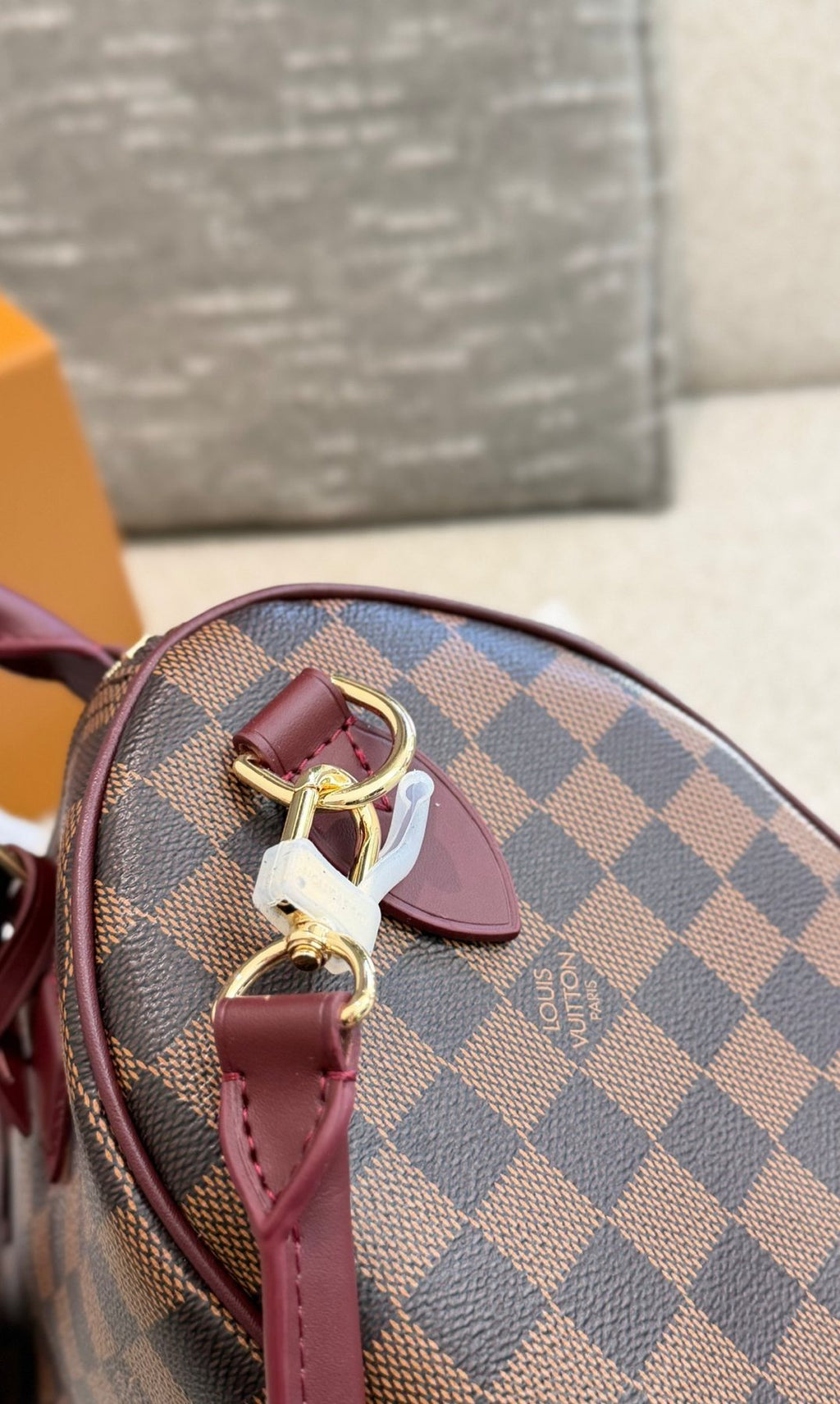 Louis Vuitton Brown Checker Satchel with Burgundy Trim — detail