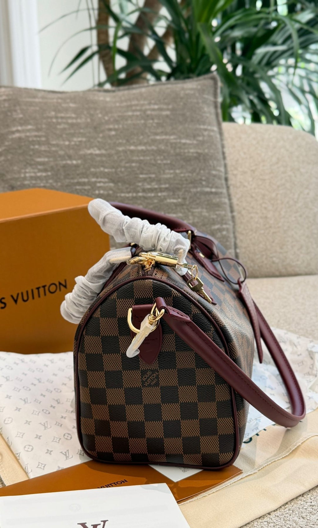 Louis Vuitton Brown Checker Satchel with Burgundy Trim — side