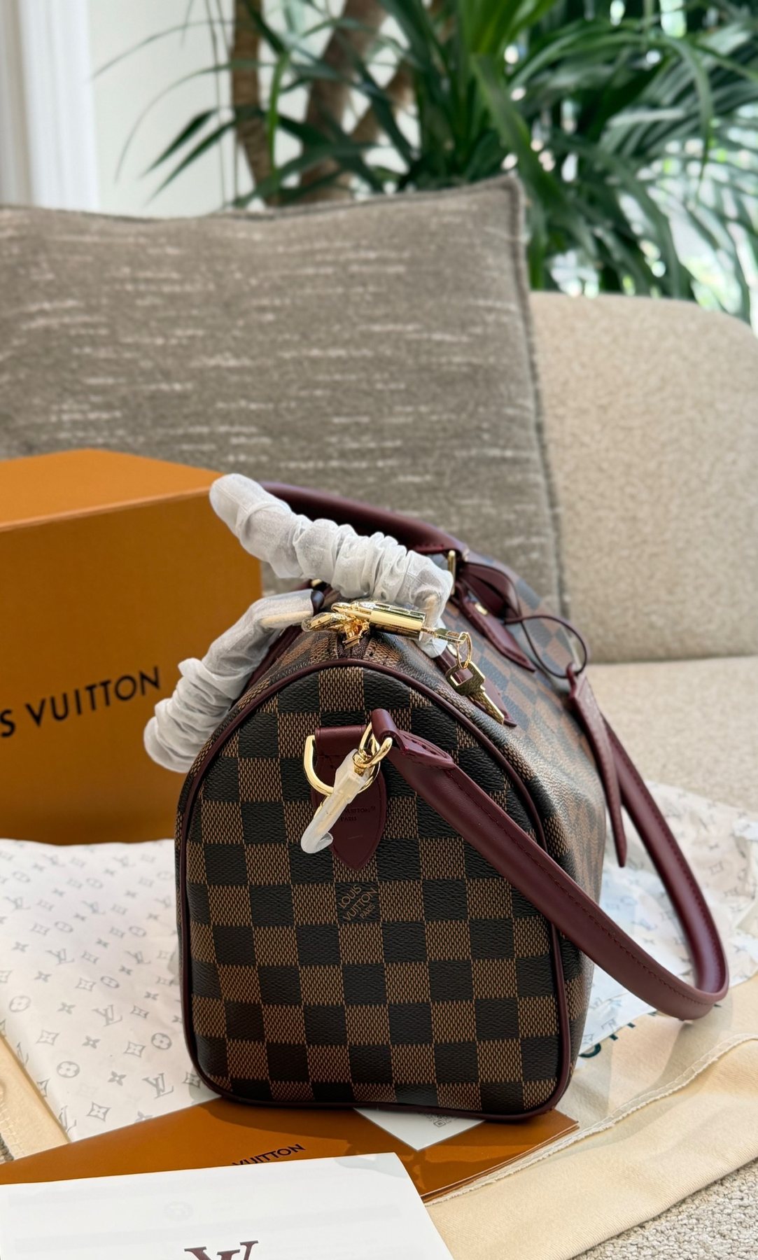 Louis Vuitton Brown Checker Satchel with Burgundy Trim — side