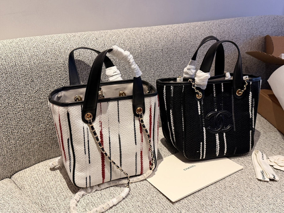 Chanel Striped Double-C Tote Bag — comparison