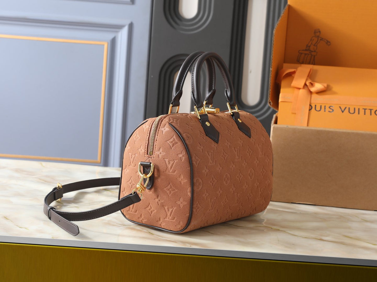 Louis Vuitton Speedy Bandoulière Embossed Suede Handbag — side