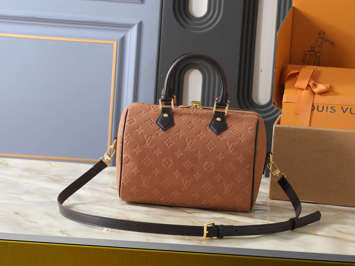 Louis Vuitton Speedy Bandoulière Embossed Suede Handbag — front