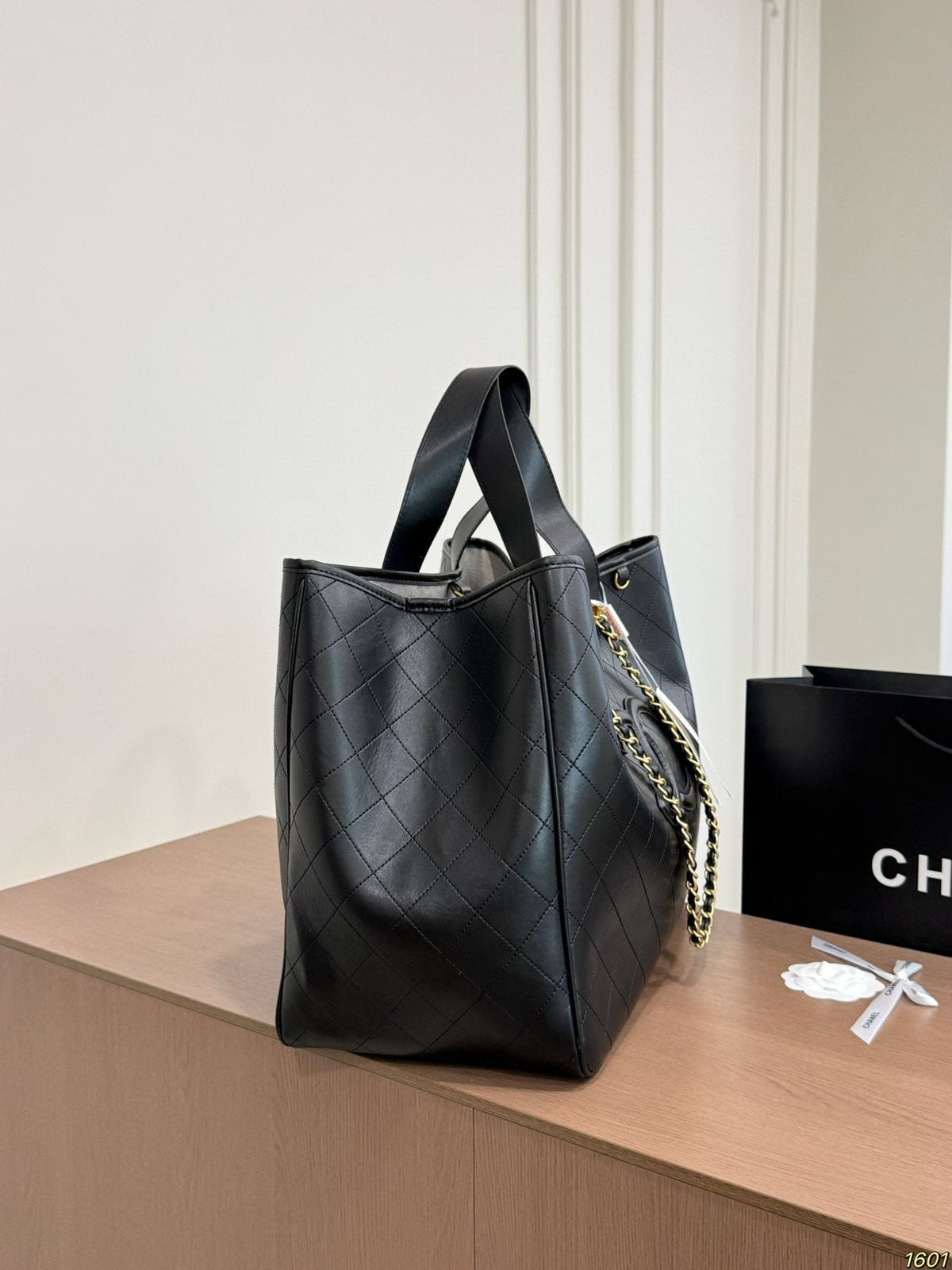 Chanel Diamond-Quilted Chain Tote — side
