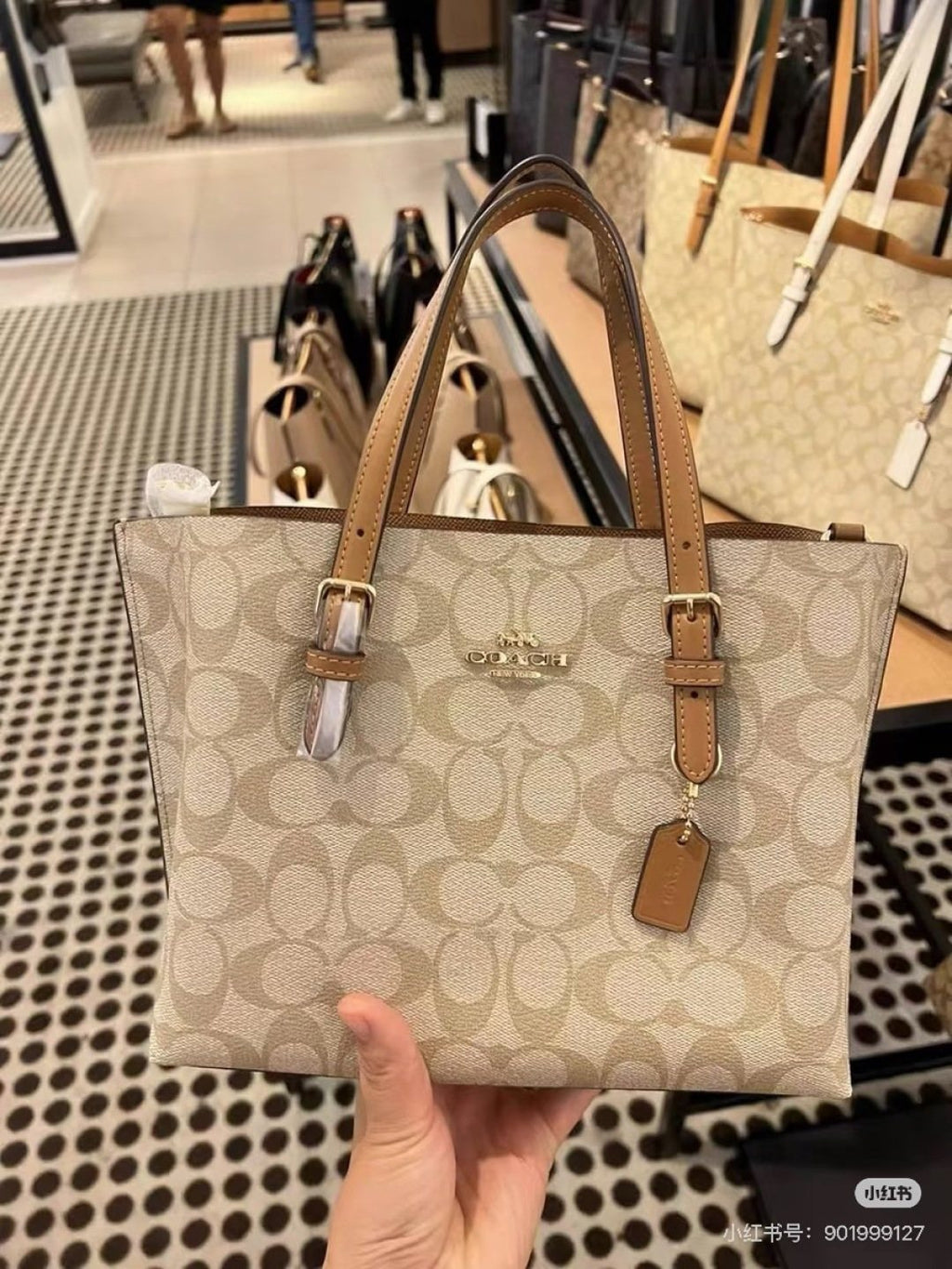 Coach Patterned Tote Bag with Tan Buckle Handles — hero