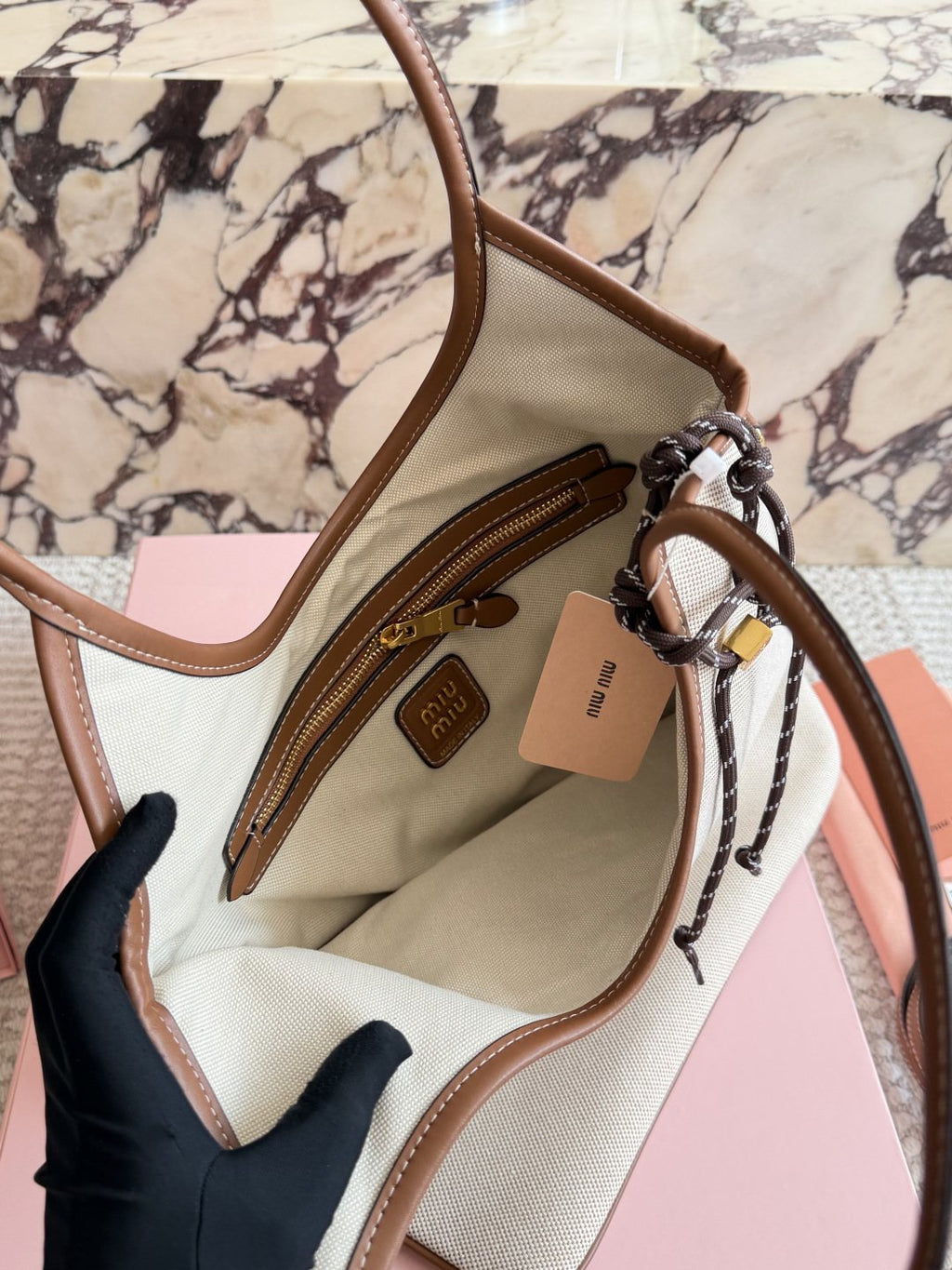 Miu Miu Ivy Canvas Tote Bag with Brown Trim — front