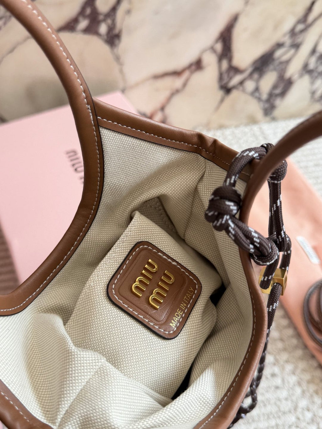 Miu Miu Ivy Canvas Tote Bag with Brown Trim — detail