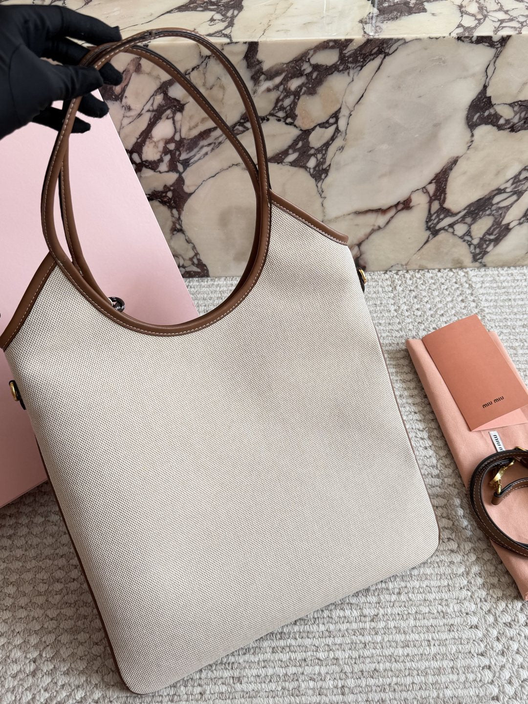 Miu Miu Ivy Canvas Tote Bag with Brown Trim — back