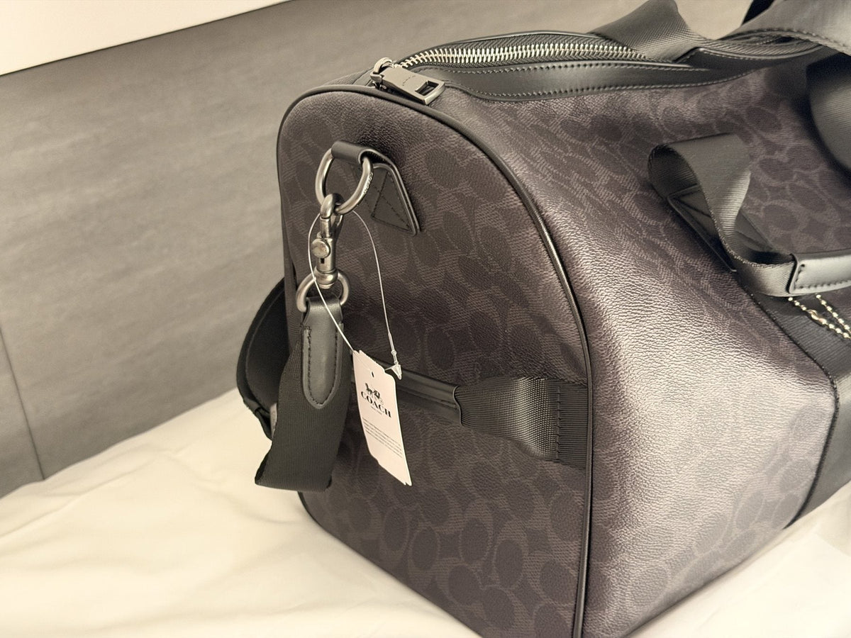 Dark Brown Patterned Duffel Bag with Black Trim — side