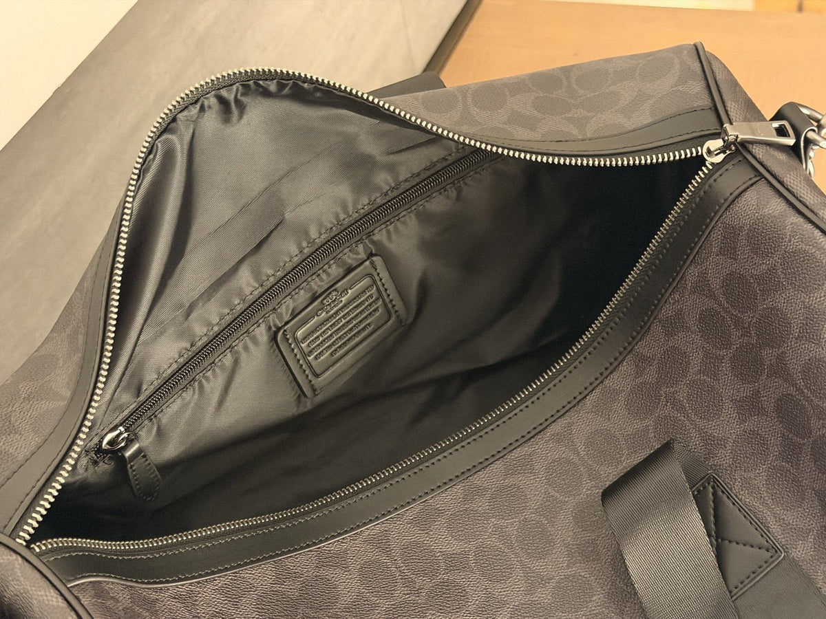Dark Brown Patterned Duffel Bag with Black Trim — detail