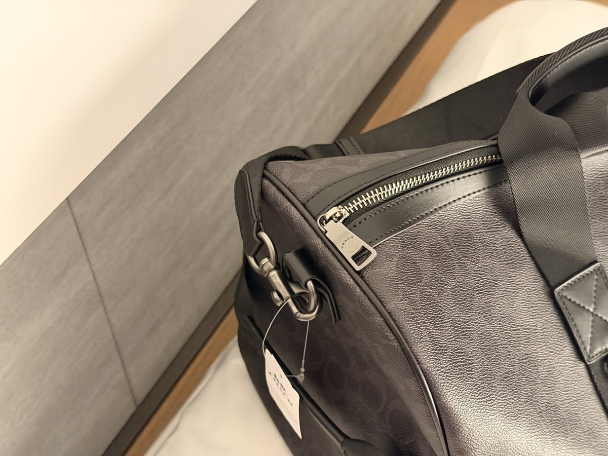 Dark Brown Patterned Duffel Bag with Black Trim — detail