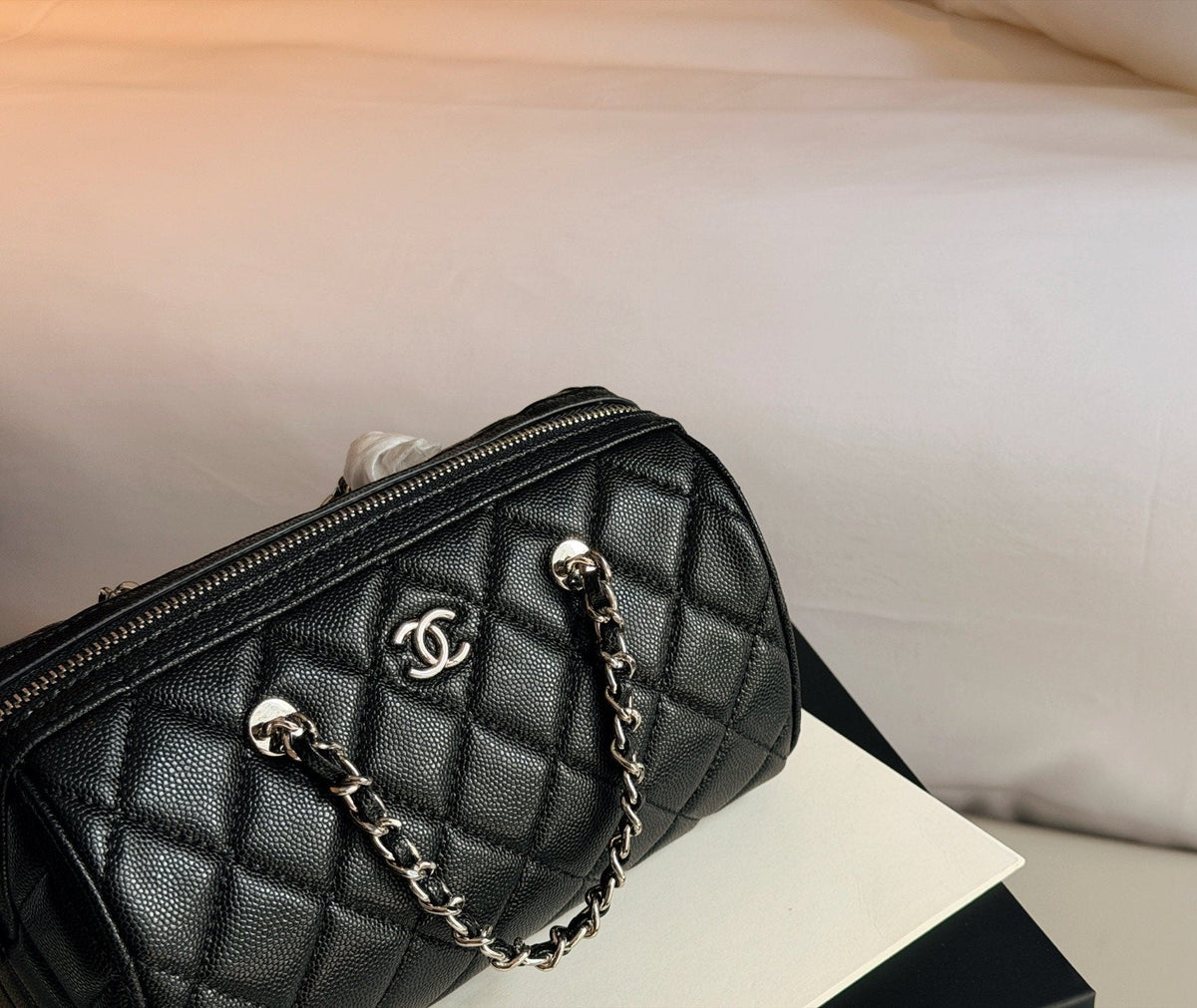Chanel Diamond-Quilted Chain-Handle Bowling Bag — detail