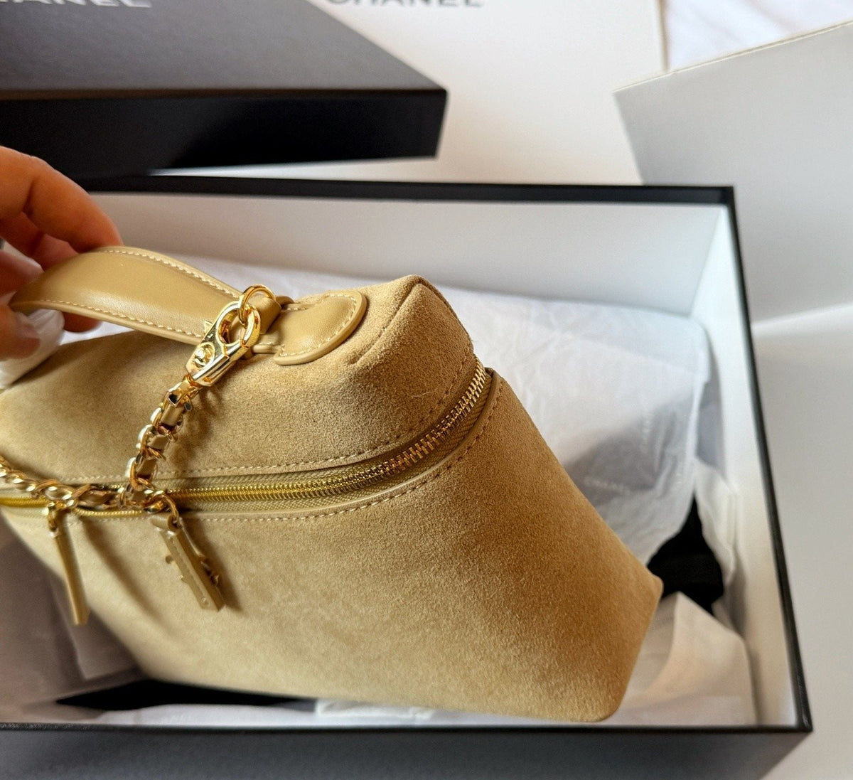 Chanel Suede-Textured Zip-Front Top-Handle Bag — side