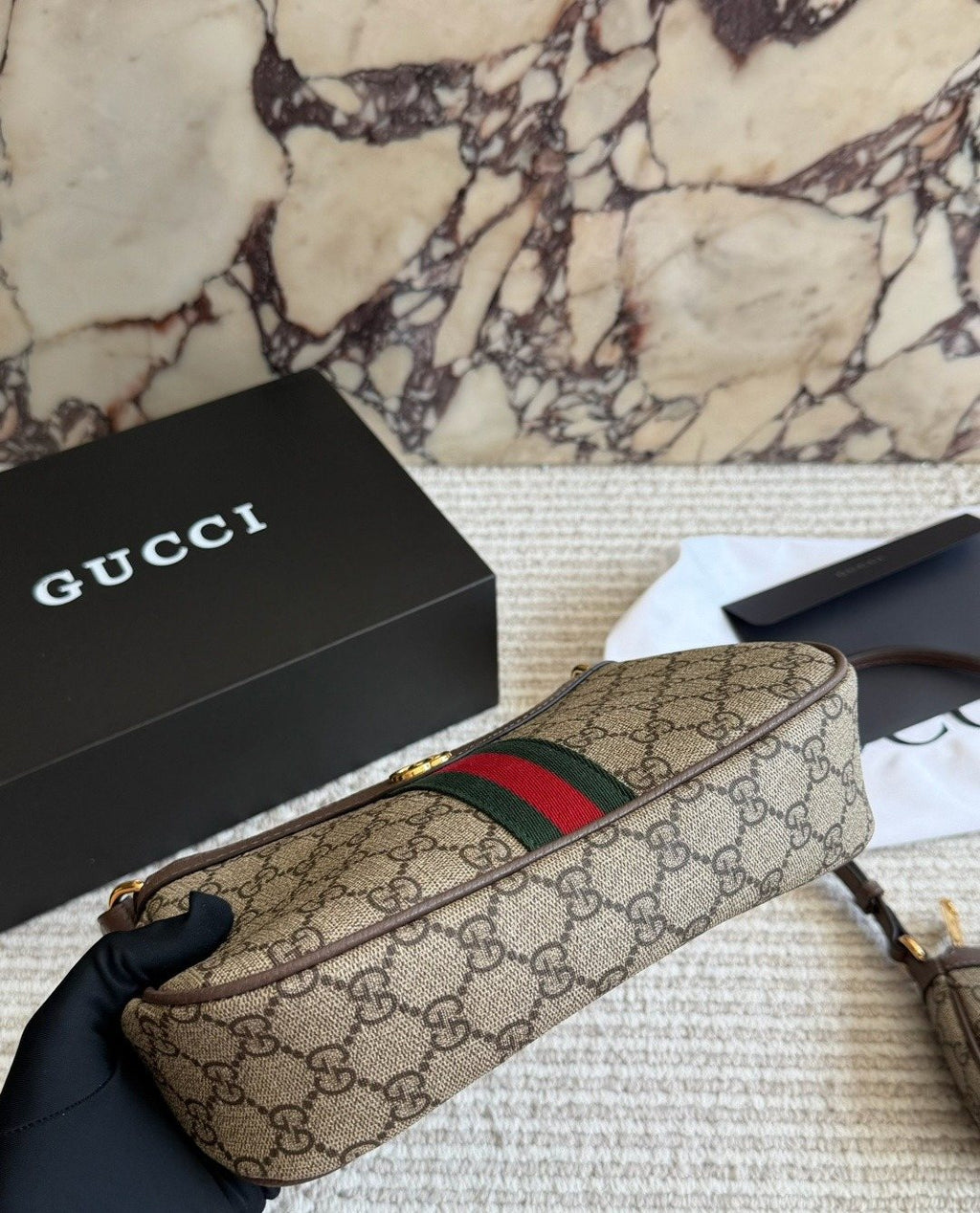 Gucci Monogram Baguette Shoulder Bag with Web Stripe — detail