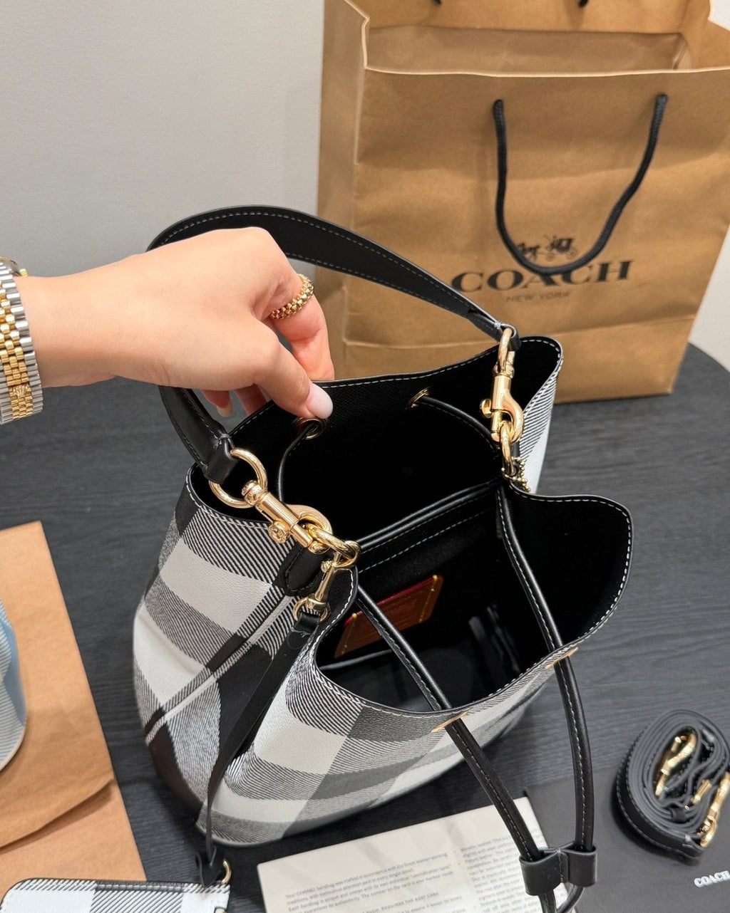 Coach Rowan Check Drawstring Bucket Bag — detail
