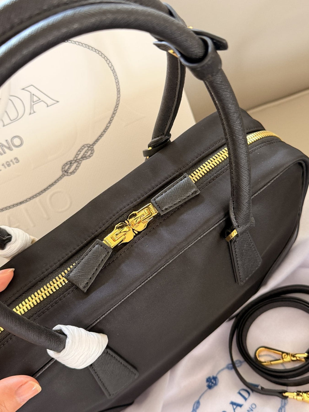 Prada Rounded Bowling Bag with Shoulder Strap — detail