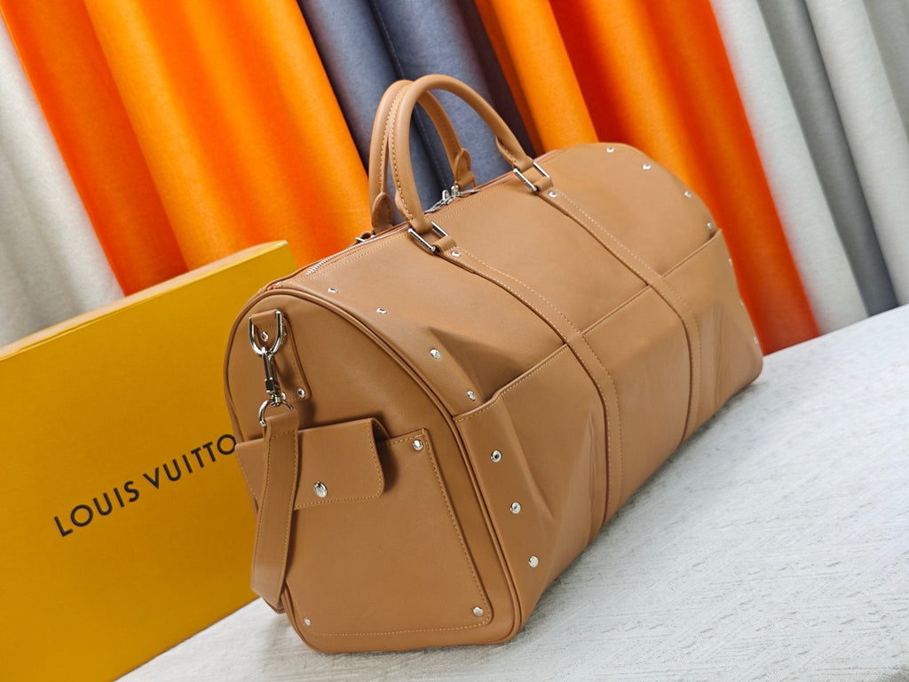 Louis Vuitton Keepall Studded Tan Duffel Bag — side