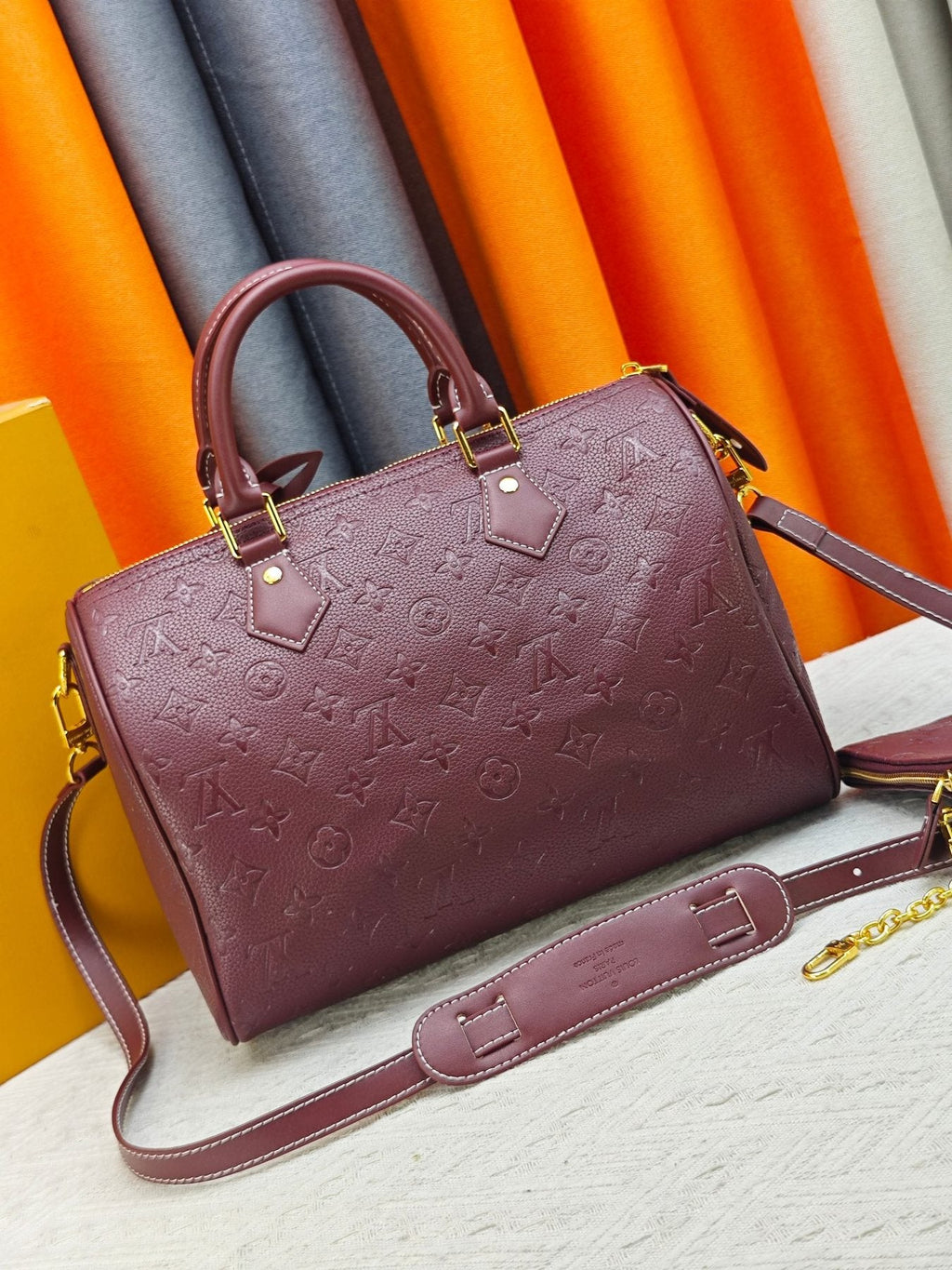 Louis Vuitton Speedy Bandoulière Burgundy Embossed Monogram Bag — back