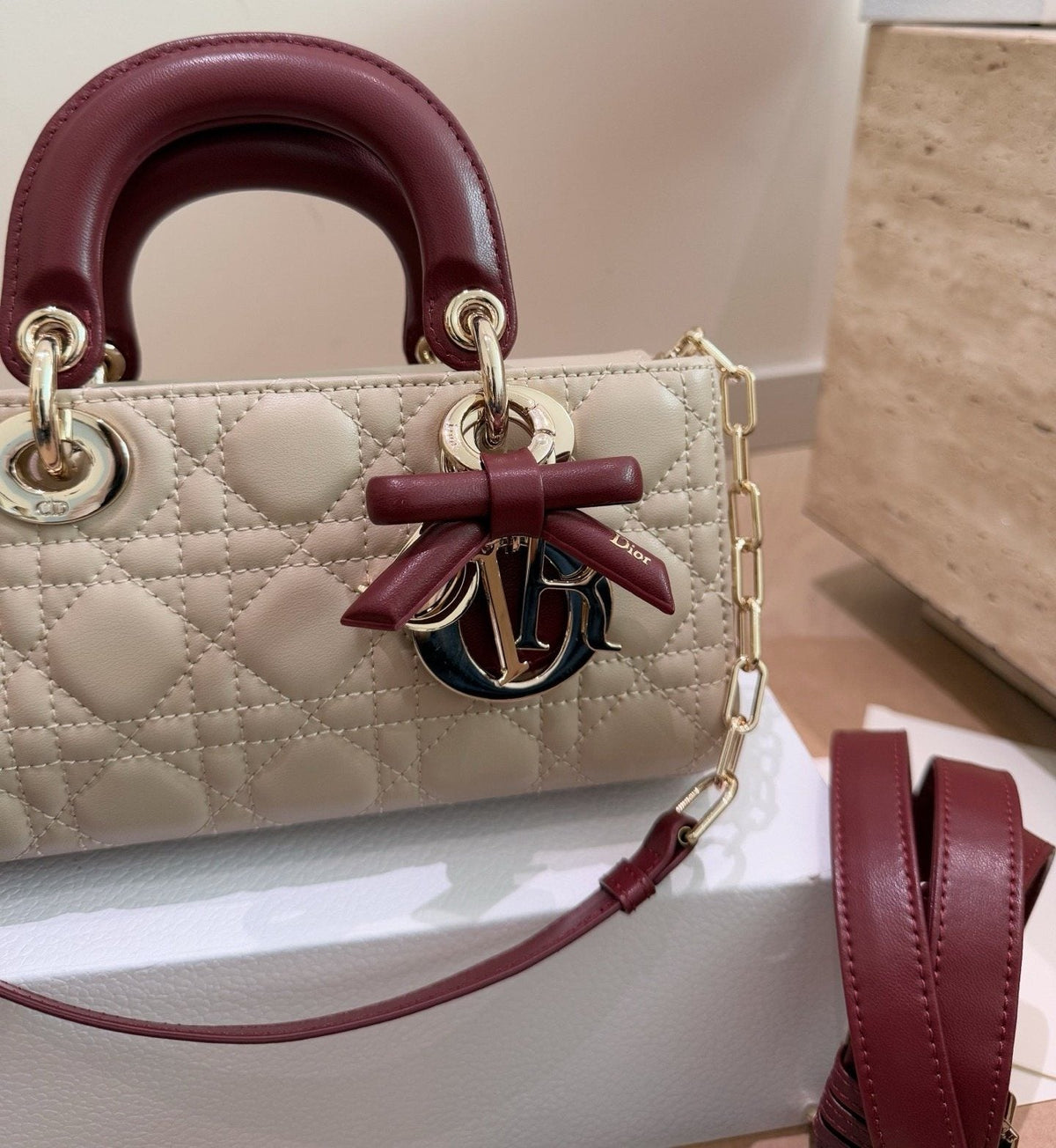 Dior D-Joy Quilted Top-Handle Bag with Burgundy Bow — detail
