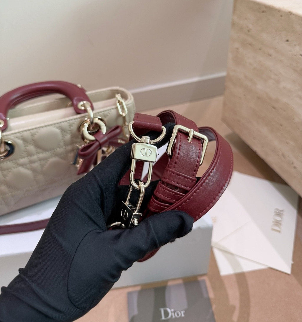 Dior D-Joy Quilted Top-Handle Bag with Burgundy Bow — detail