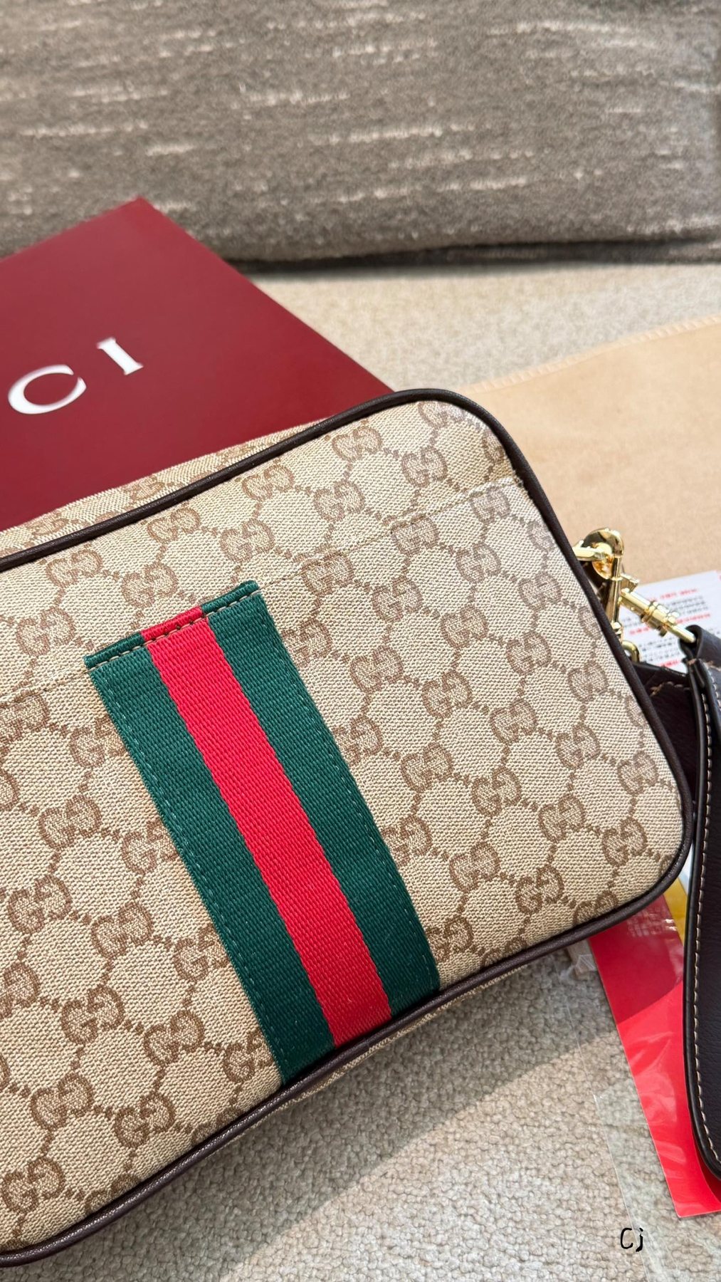 Gucci Monogram Red-Green Stripe Crossbody Bag — detail
