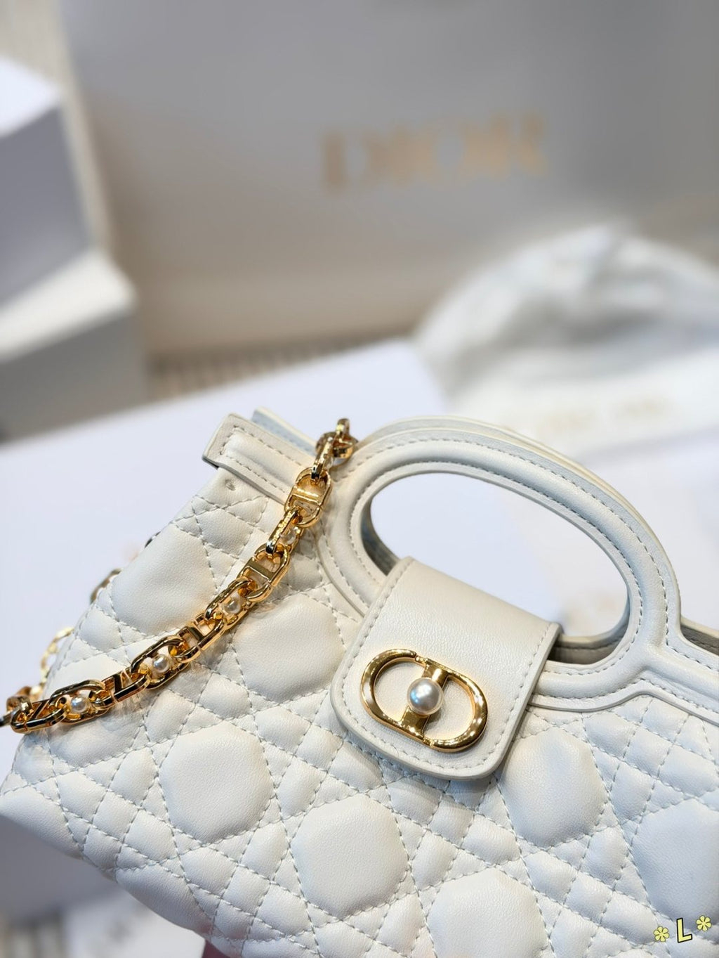 Dior Jolie Quilted Top-Handle Bag — detail