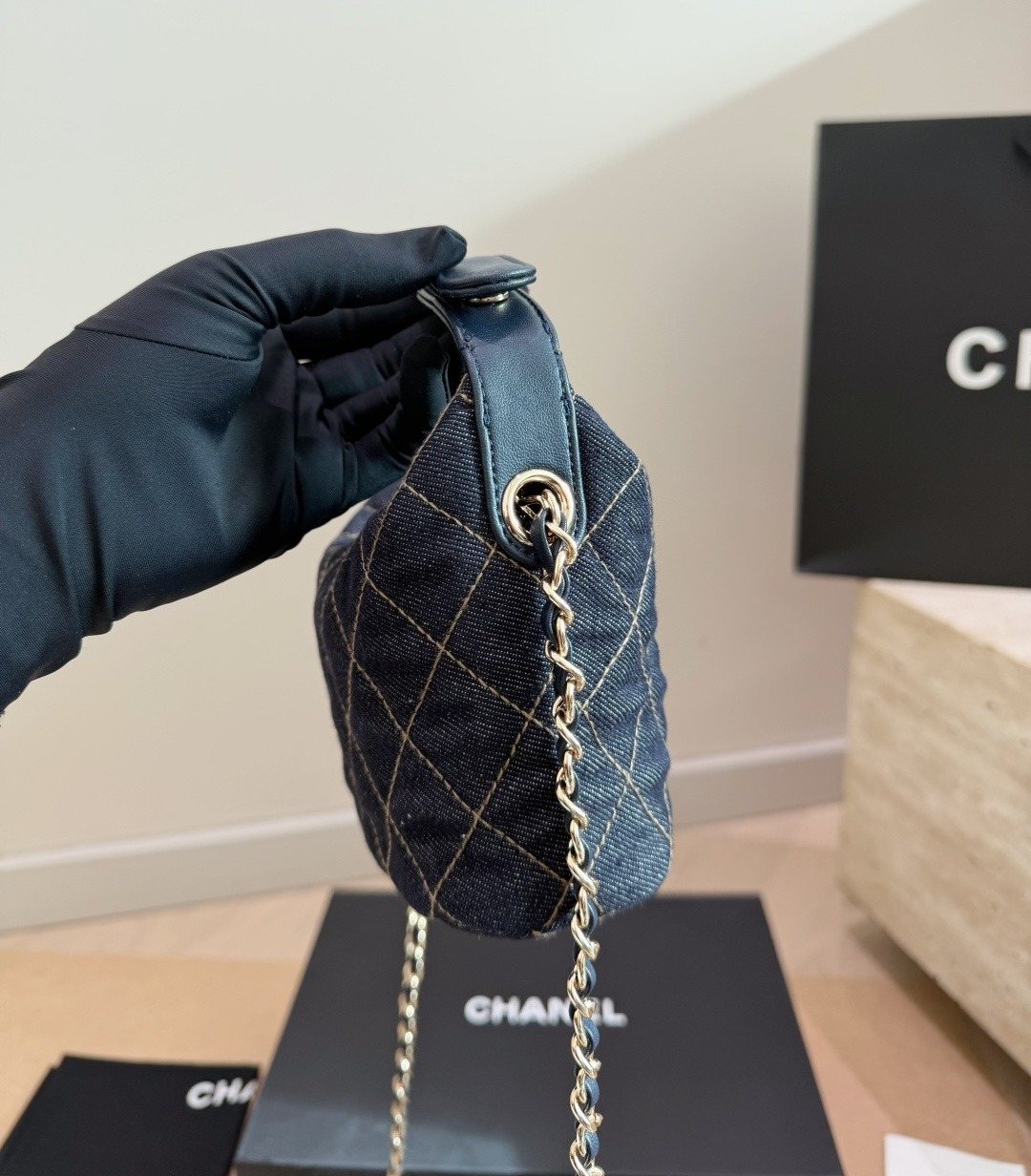 Chanel Diamond-Quilted Denim Top-Handle Bag — side