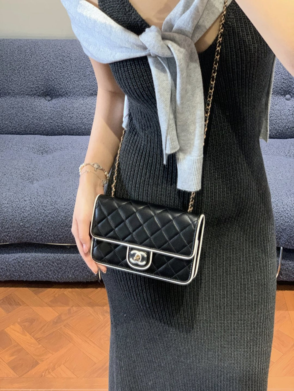 Chanel Quilted Wallet on Chain with Contrast Piping — model