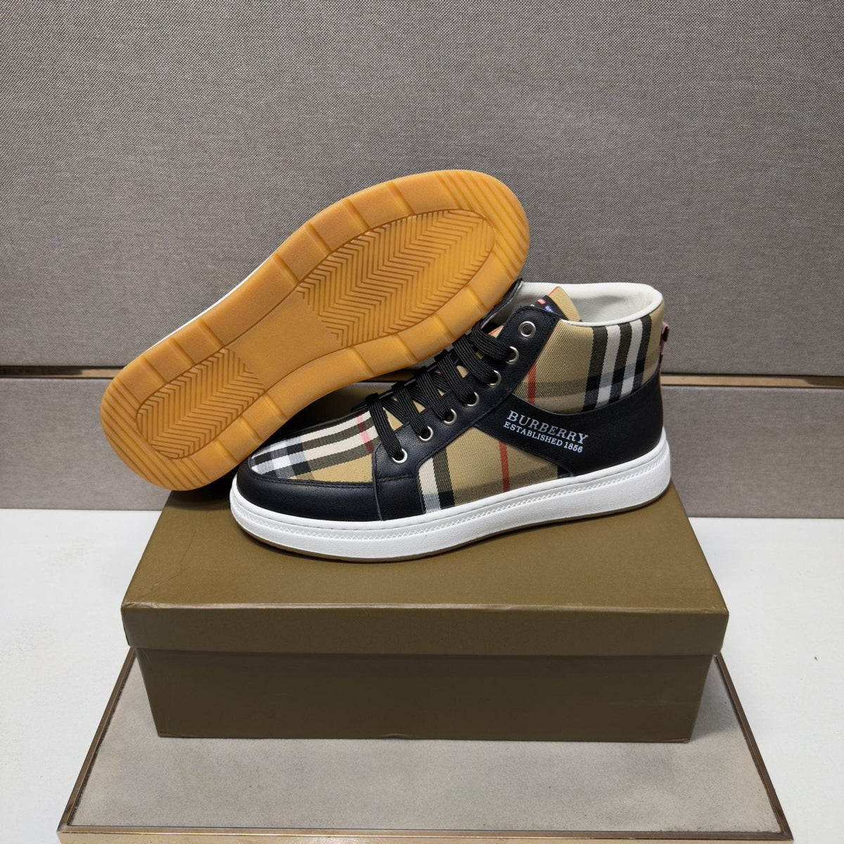 Burberry Men's Plaid High-Top Sneakers — side