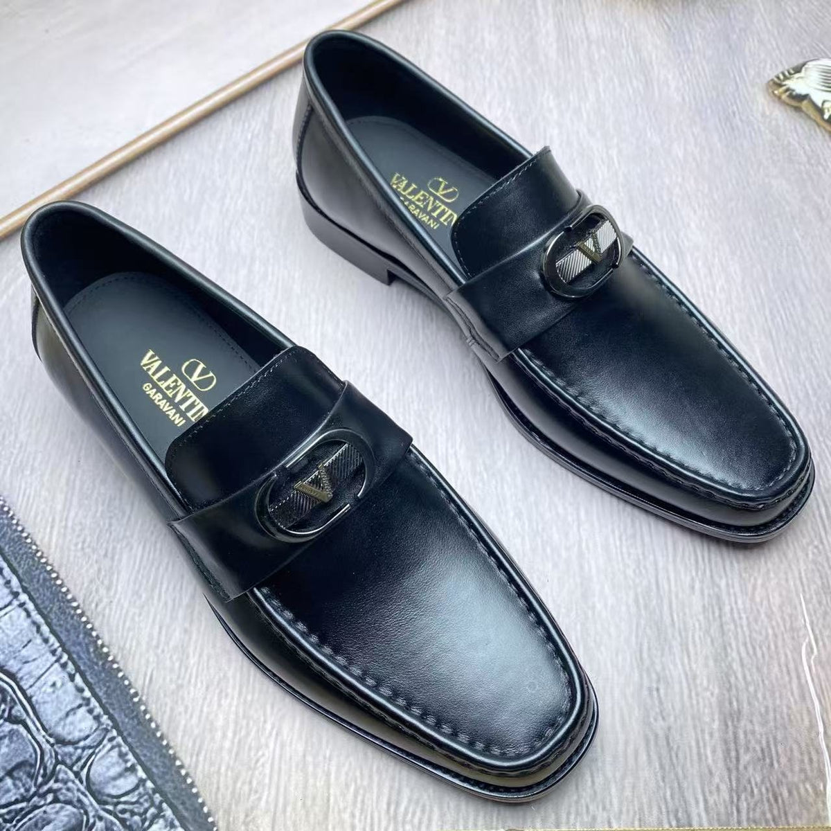 Valentino Square-Toe Loafers with Metal Detail — front
