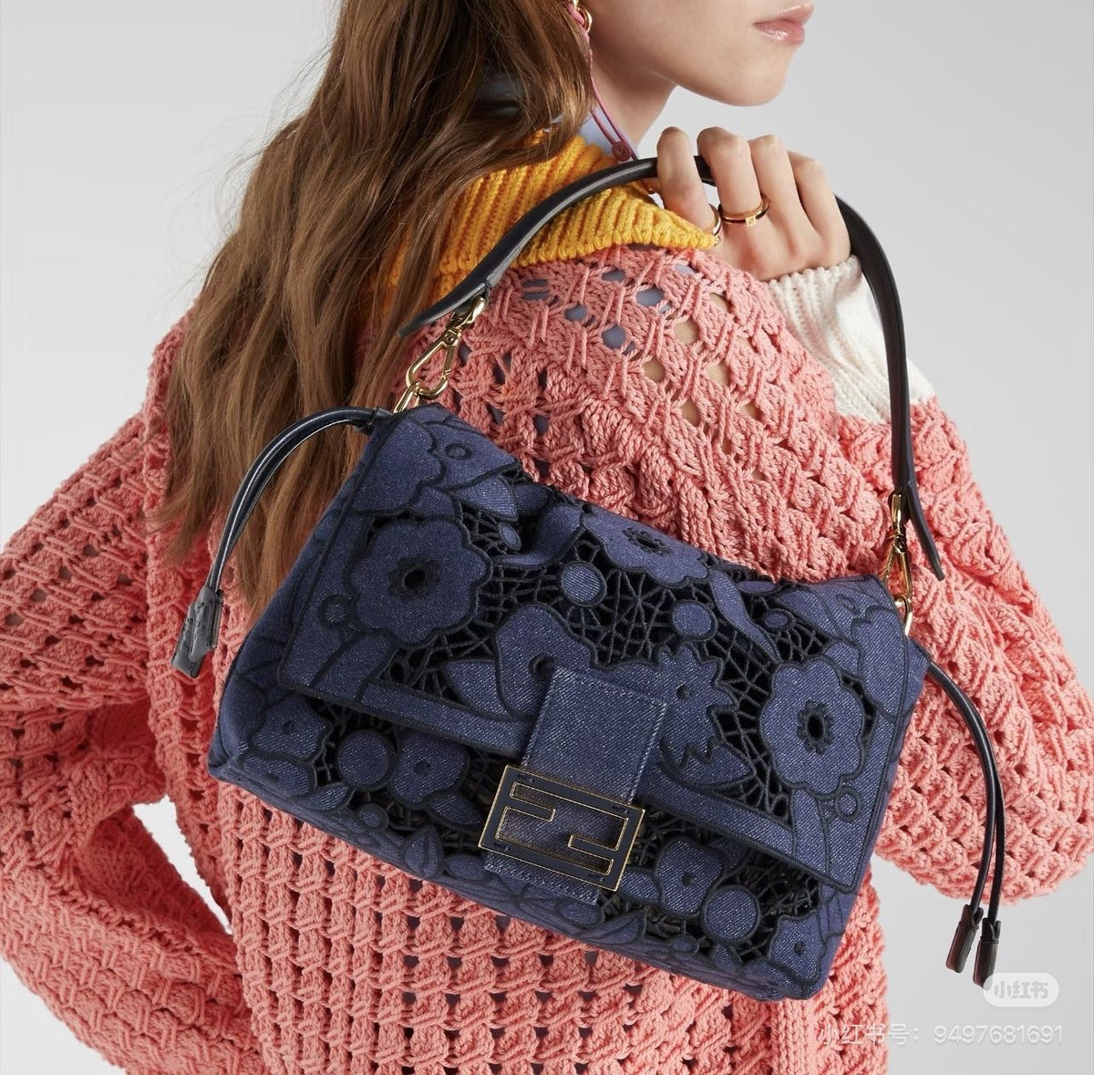 Fendi Mama Baguette Floral Openwork Shoulder Bag — model