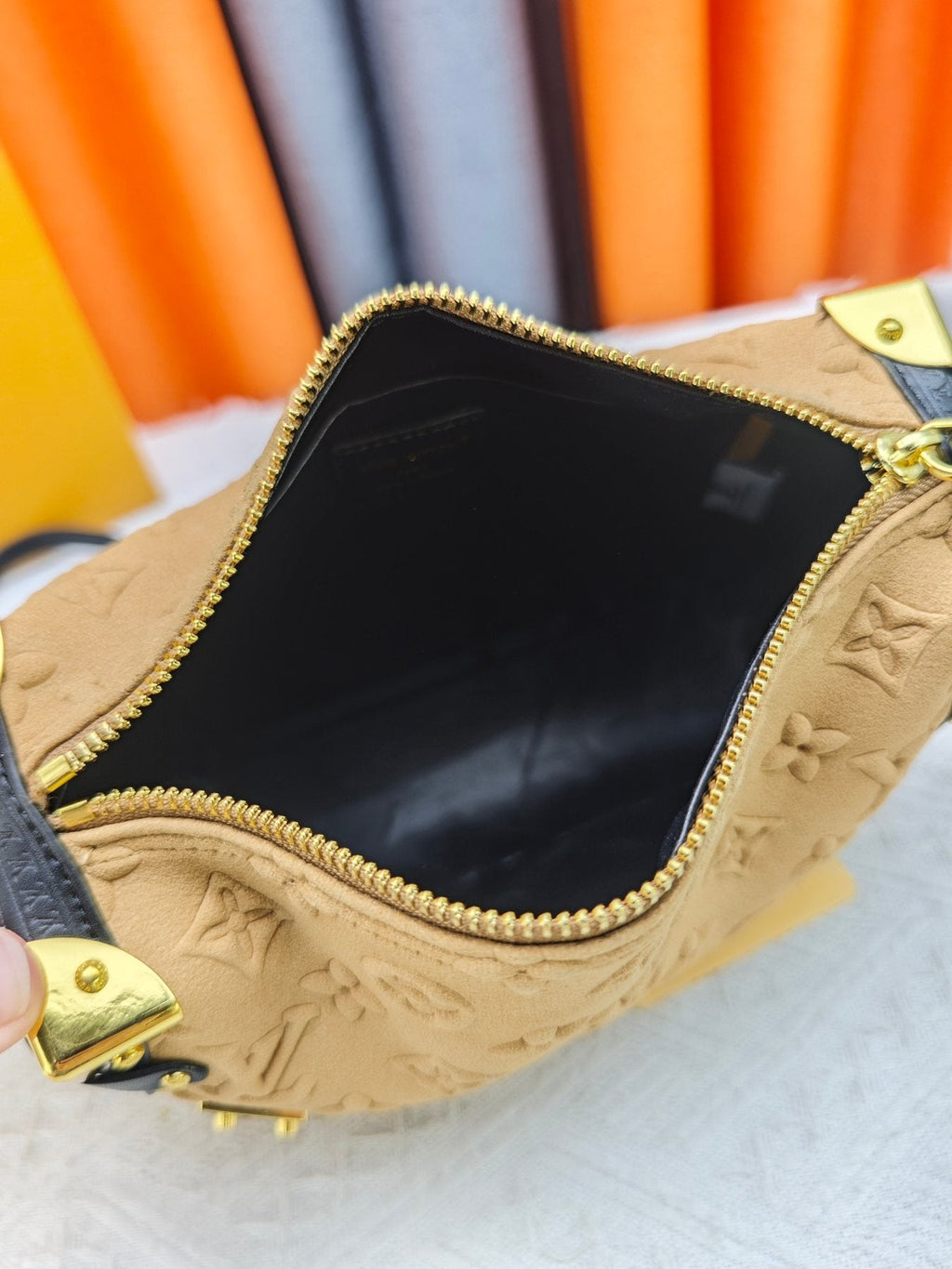 Louis Vuitton Side Trunk Embossed Tan Handbag — detail