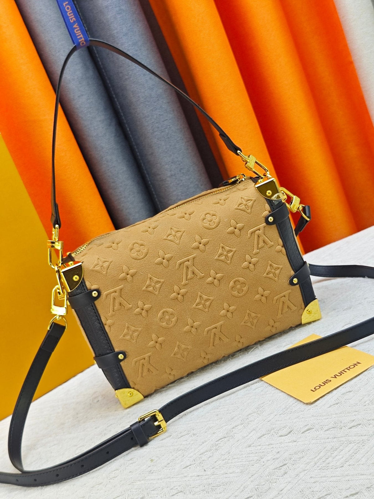 Louis Vuitton Side Trunk Embossed Tan Handbag — front