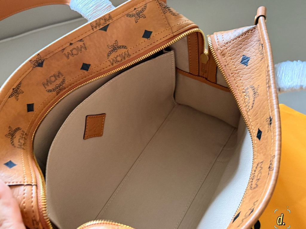 MCM Structured Monogram Tote with Front Plaque — front