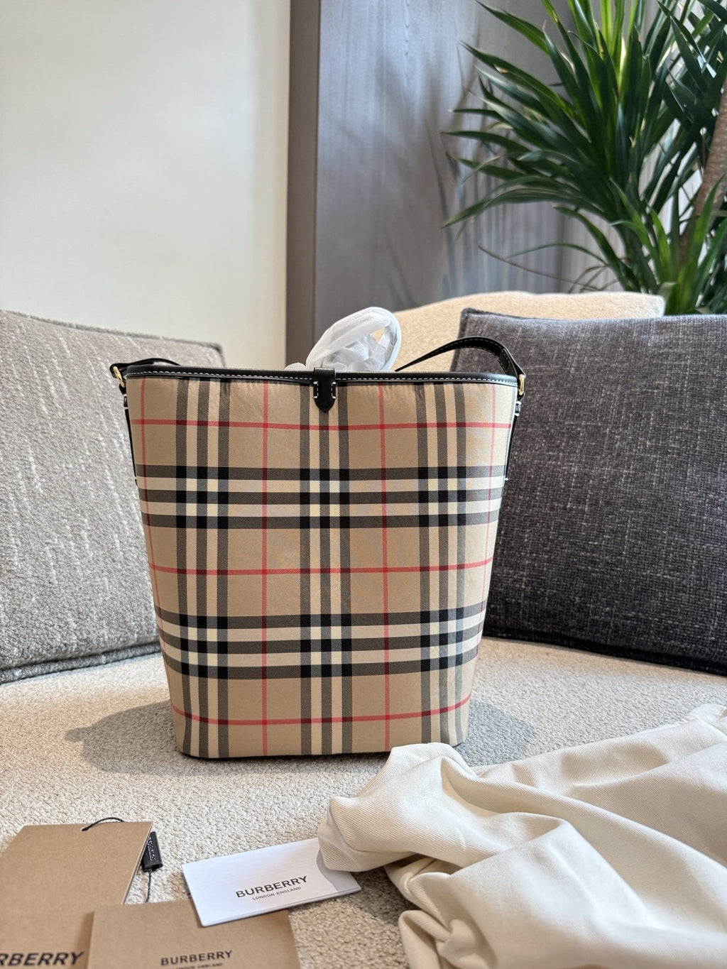 Burberry Beige Check Bucket Bag — back