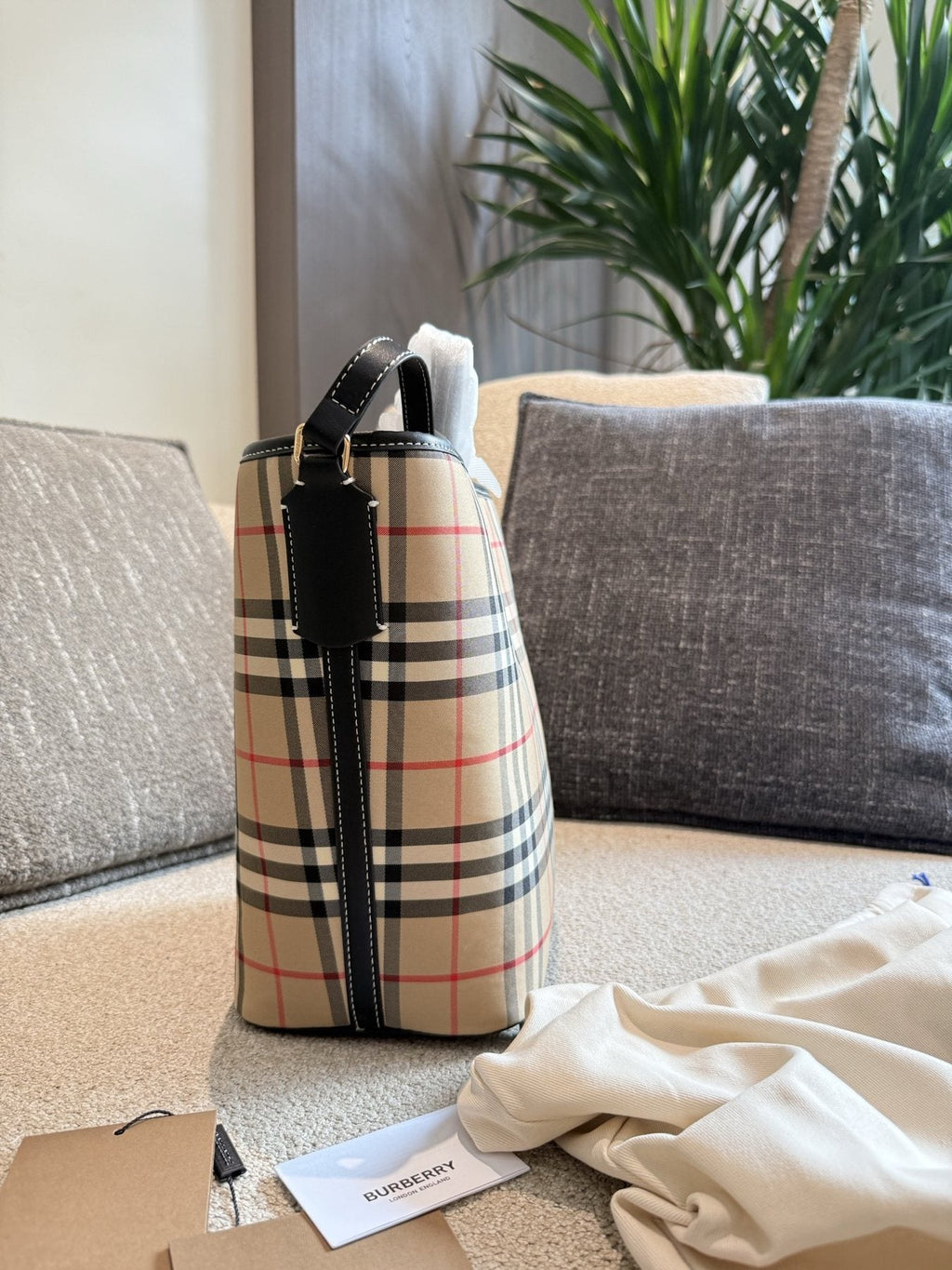 Burberry Beige Check Bucket Bag — side